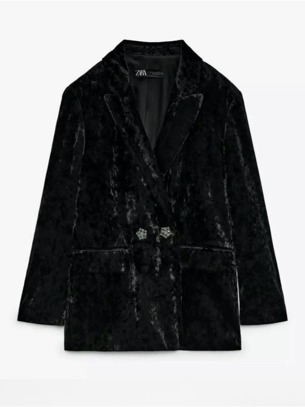 NEW ZARA Woman Black Crushed Velvet Double Breasted Blazer Jacket Size L NWT